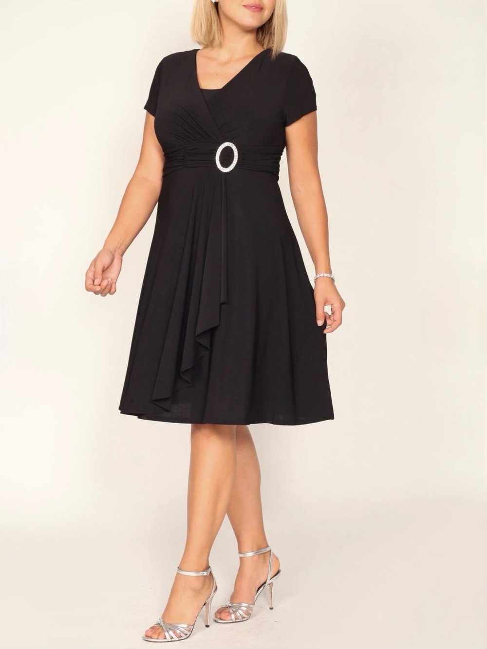 Black Faux Wrap-Front Short Sleeve Cocktail Dress